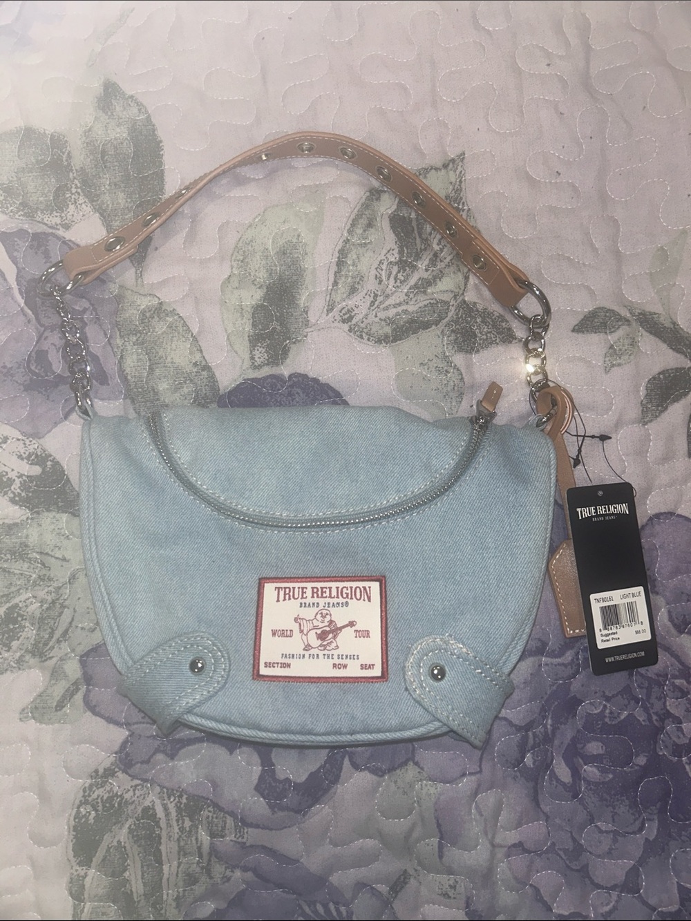 True Religion Light Blue Denim Shoulder Bag with Tan Strap and Chain Detail